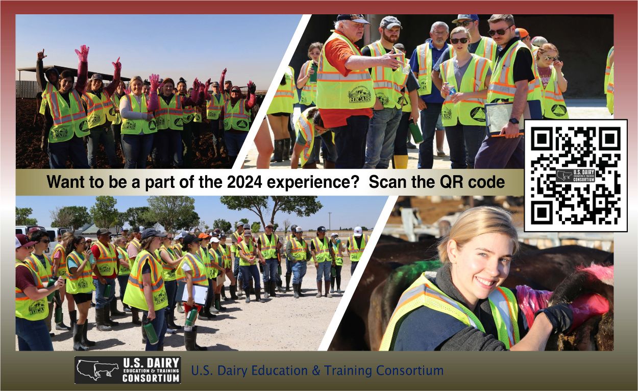 Text Reads: "Want to be part of the 2024 expereince? Scan the QR code" with images of students at the Dairy Training